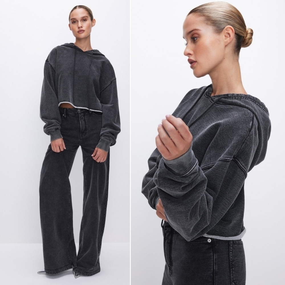 GOOD AMERICAN // jeanius raw cropped hoodie sweatshirt pullover washed black